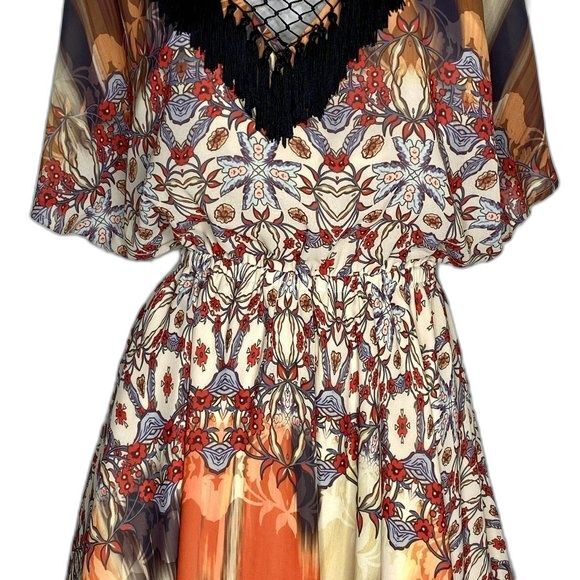 BEBE Dress Multi Coral Yellow Red Brown Black Mesh Tassels Mini Size XS EUC! - Picture 3 of 14